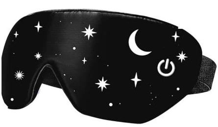 Black heated eye mask with a star and moon print and a power button, product photo from the Amazon listing