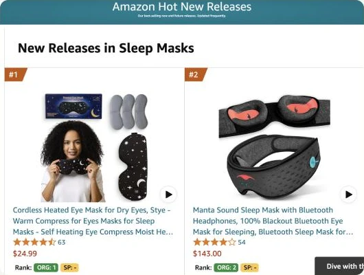 Amazon Hot New Releases in Sleep Masks with the heated eye mask in position 1