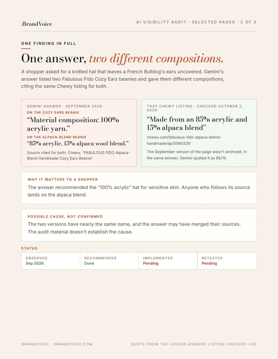 Sample report page 2: one Gemini answer that gave two versions of a product different compositions