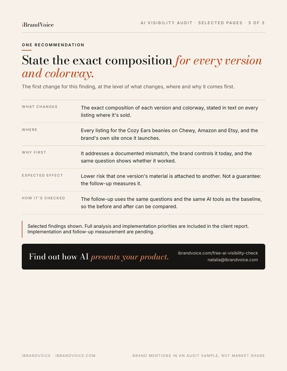 Sample report page 3: the first recommended change and how it will be measured